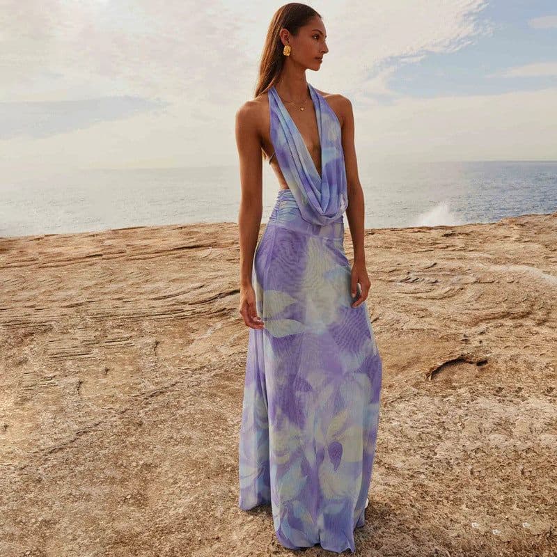 image-2pcs Tie Dye Printing Deep V-neck Suits Fashion Halter Backless Long Dresses For Beach Party Womens Clothing