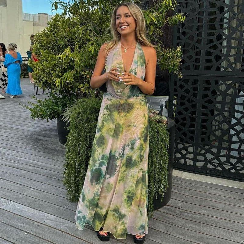image-2pcs Tie Dye Printing Deep V-neck Suits Fashion Halter Backless Long Dresses For Beach Party Womens Clothing