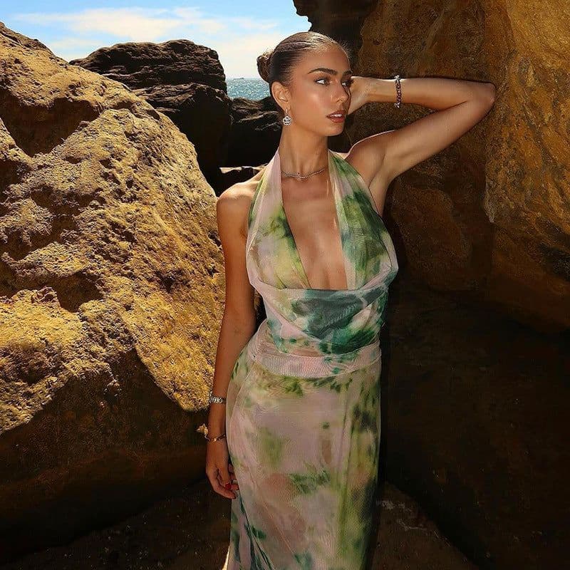 image-2pcs Tie Dye Printing Deep V-neck Suits Fashion Halter Backless Long Dresses For Beach Party Womens Clothing