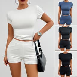 image-Solid Color Slim Sports Suit Summer 2Pcs Short-sleeved Round Neck T-shirt And Elastic Shorts Fashion Womens Clothing