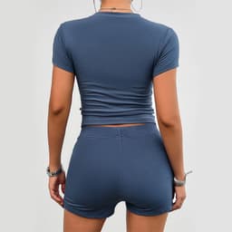 image-Solid Color Slim Sports Suit Summer 2Pcs Short-sleeved Round Neck T-shirt And Elastic Shorts Fashion Womens Clothing