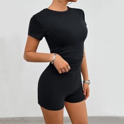 image-Solid Color Slim Sports Suit Summer 2Pcs Short-sleeved Round Neck T-shirt And Elastic Shorts Fashion Womens Clothing