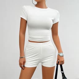 image-Solid Color Slim Sports Suit Summer 2Pcs Short-sleeved Round Neck T-shirt And Elastic Shorts Fashion Womens Clothing