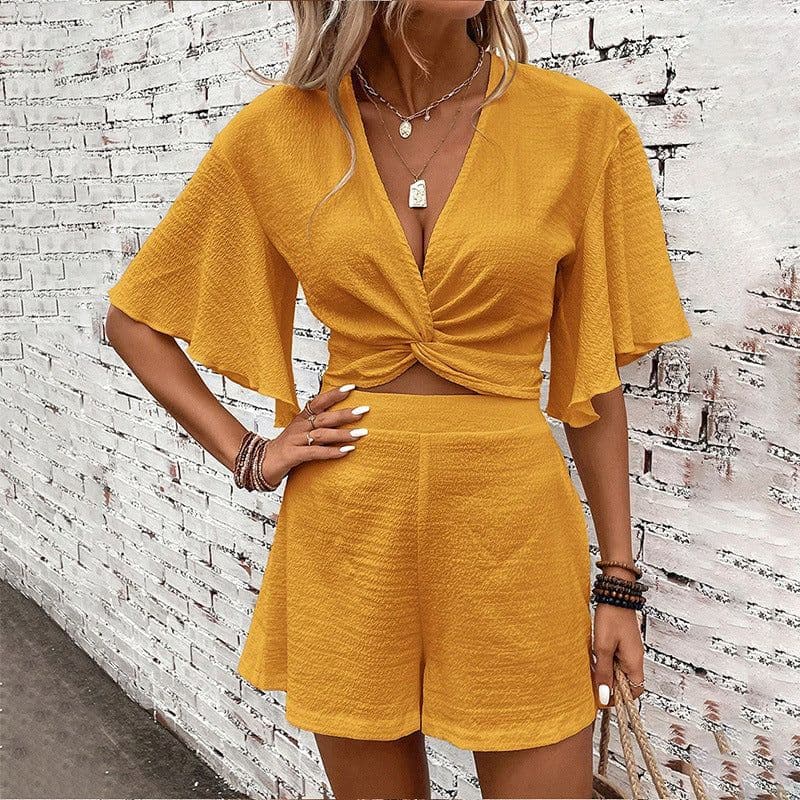 image-Fashion Loose Suits For Women V-neck Ruffle Sleeve Short-sleeved Top And Shorts Summer Two-piece Set Clothing