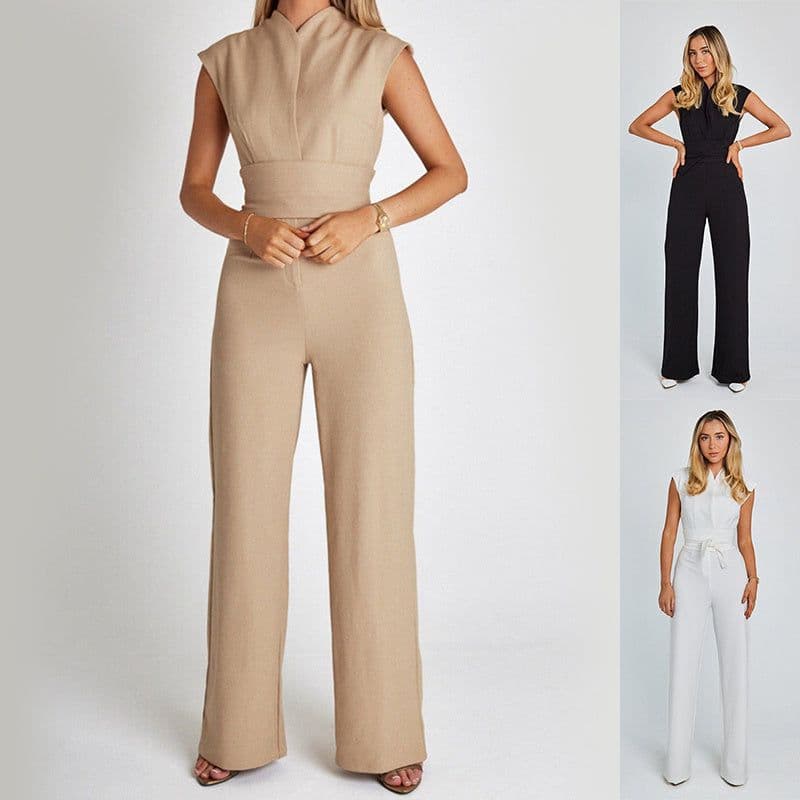 image-Fashion Elegant Long Sleeveless Jumpsuit Summer V-neck Casual Wide Leg Long Overalls Clothing For Women