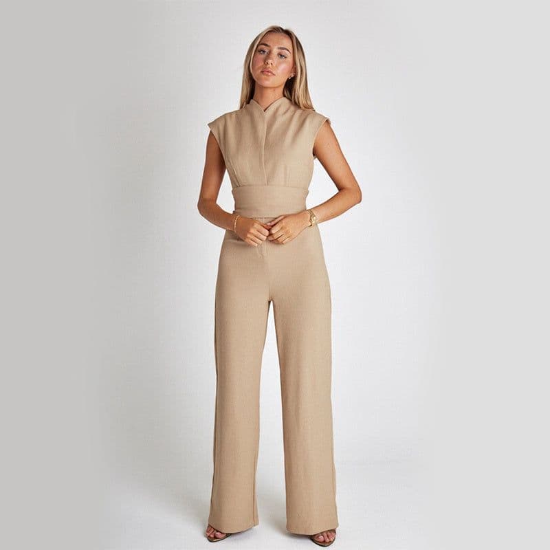 image-Fashion Elegant Long Sleeveless Jumpsuit Summer V-neck Casual Wide Leg Long Overalls Clothing For Women