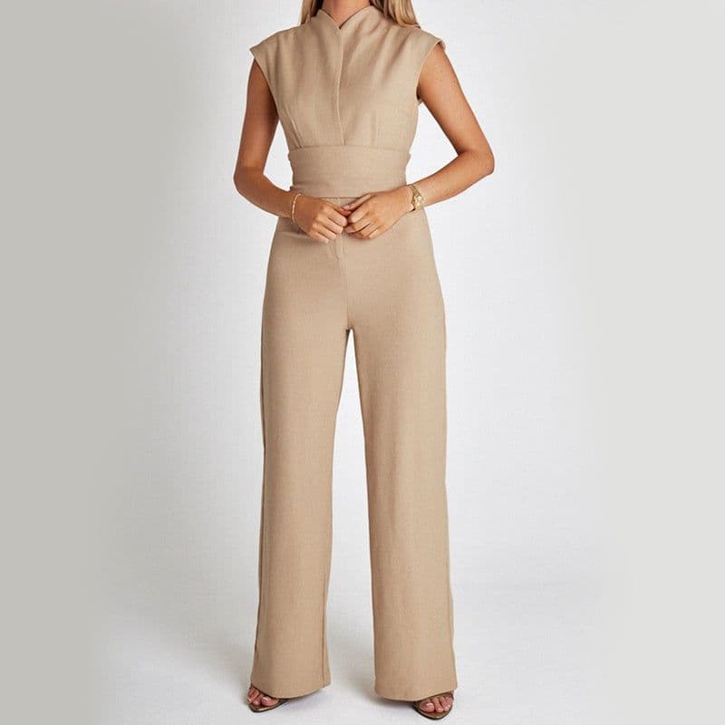 image-Fashion Elegant Long Sleeveless Jumpsuit Summer V-neck Casual Wide Leg Long Overalls Clothing For Women