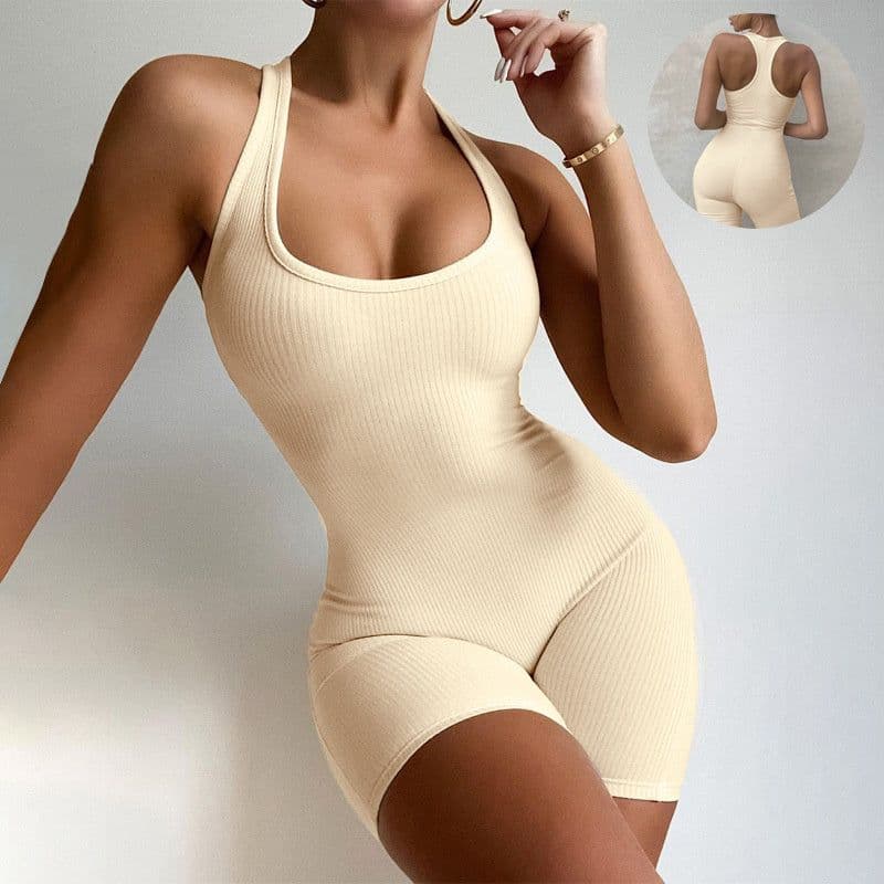 image-Sleeveless Backless Jumpsuit Colid Color Fitness Sports Yoga Leggings Shorts Bodysuits Women Slim Yoga One Piece Rompers
