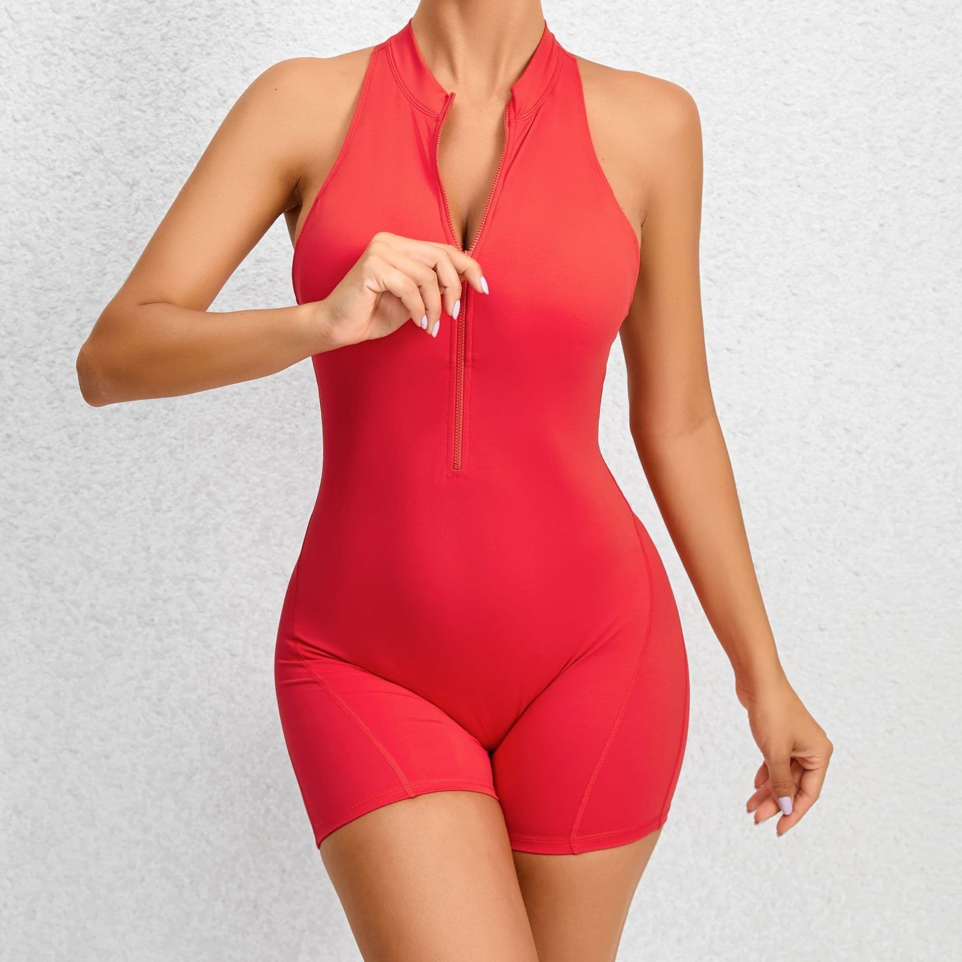 image-Zippered Yoga Fitness Shorts Jumpsuit Sleeveless Tummy Control Stretch Shapewear Butt Lifting Sportswear Women