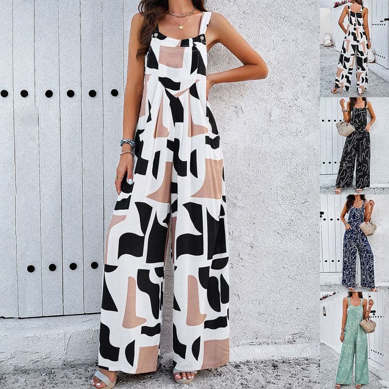 image-Fashion Print Square Neck Jumpsuit With Pockets Spring Summer Casual Loose Overalls Womens Clothing