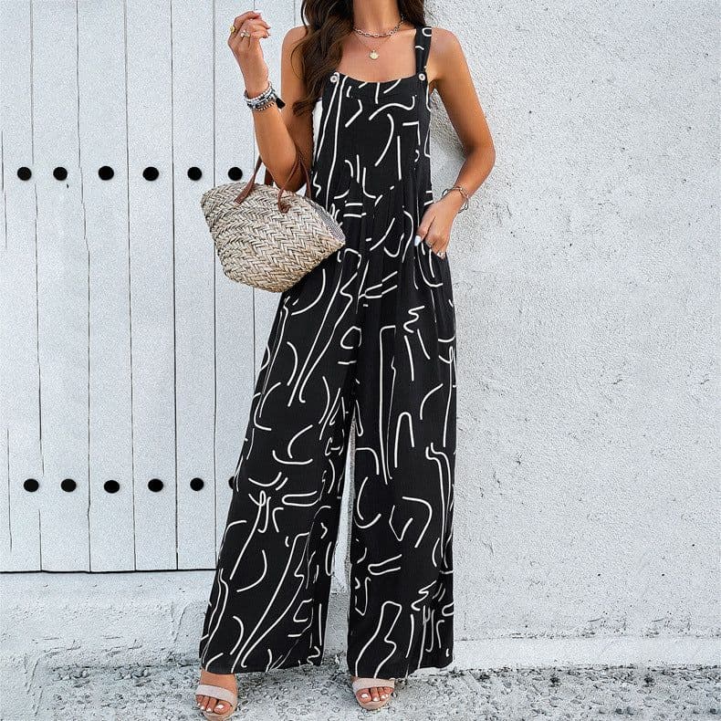image-Fashion Print Square Neck Jumpsuit With Pockets Spring Summer Casual Loose Overalls Womens Clothing