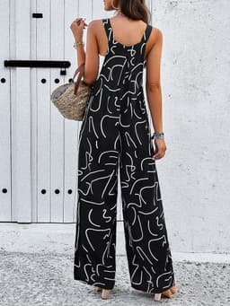 image-Fashion Print Square Neck Jumpsuit With Pockets Spring Summer Casual Loose Overalls Womens Clothing
