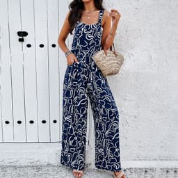 image-Fashion Print Square Neck Jumpsuit With Pockets Spring Summer Casual Loose Overalls Womens Clothing