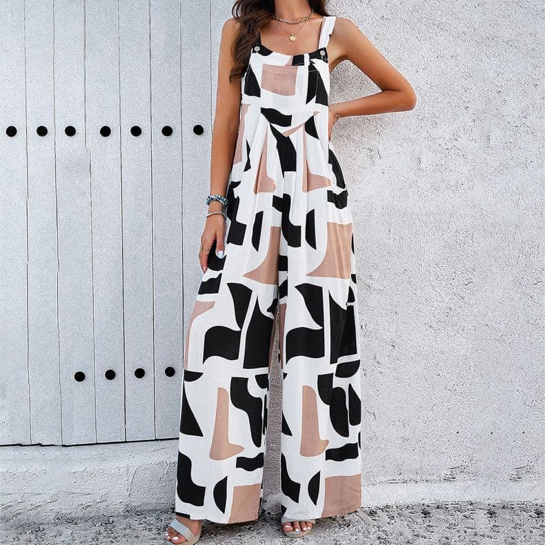 image-Fashion Print Square Neck Jumpsuit With Pockets Spring Summer Casual Loose Overalls Womens Clothing
