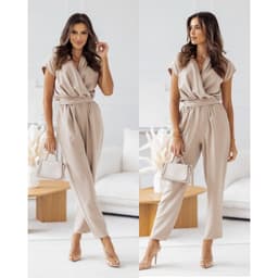image-Fashion Solid Color Slimming Short-sleeved Jumpsuit Summer Lace-up Trousers Womens Clothing