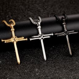 image-Steel Gold Black Color Fashion Mens Iron Nail Cross Pendant Necklace Stainless Steel 3mm Round Box Chain Jewelry Gift For Men