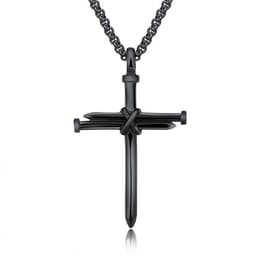 image-Steel Gold Black Color Fashion Mens Iron Nail Cross Pendant Necklace Stainless Steel 3mm Round Box Chain Jewelry Gift For Men