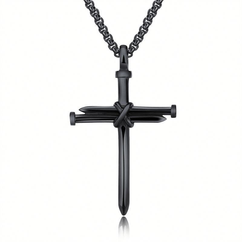 image-Steel Gold Black Color Fashion Mens Iron Nail Cross Pendant Necklace Stainless Steel 3mm Round Box Chain Jewelry Gift For Men