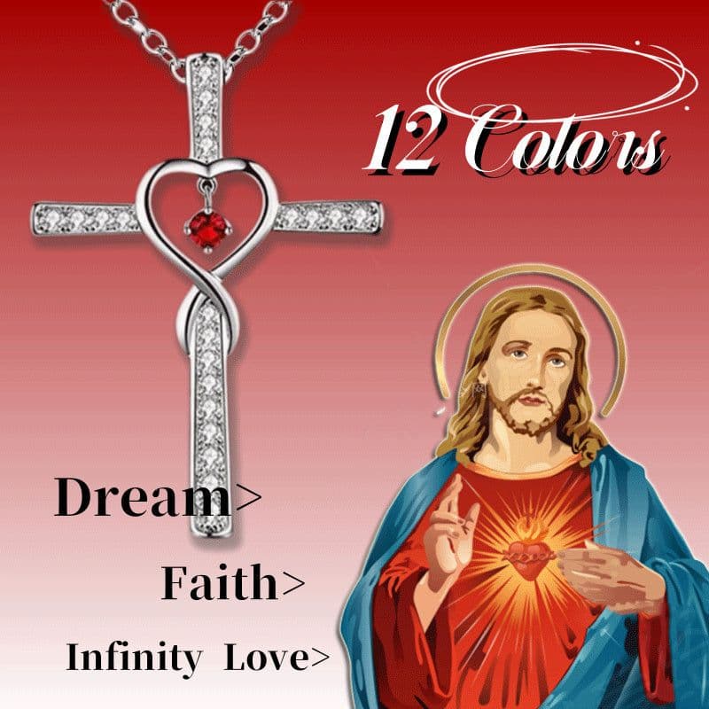 image-Infinity Love God We Trust Christian Cross Birthstone Crystal Pendant Necklace Colour Gems Zircon Heart Necklace Women Jewelry