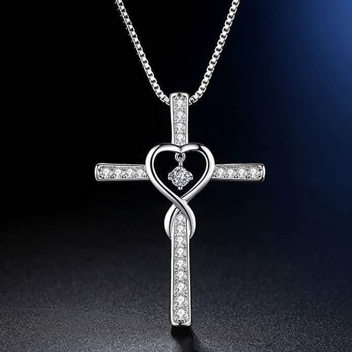 image-Infinity Love God We Trust Christian Cross Birthstone Crystal Pendant Necklace Colour Gems Zircon Heart Necklace Women Jewelry