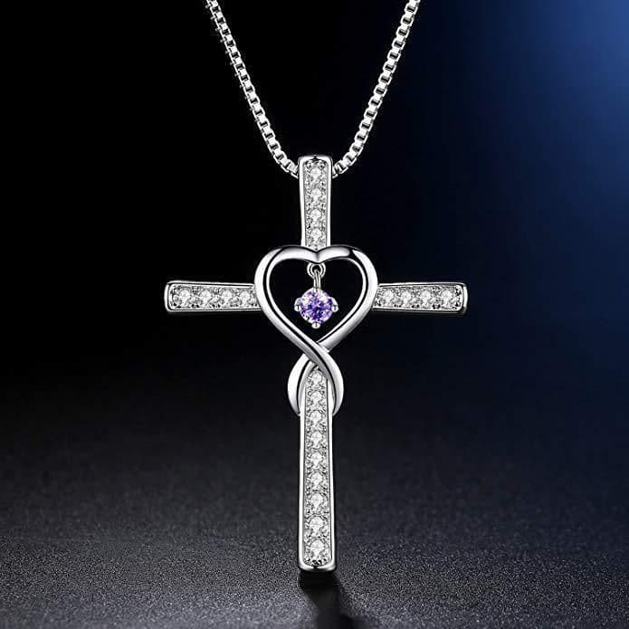 image-Infinity Love God We Trust Christian Cross Birthstone Crystal Pendant Necklace Colour Gems Zircon Heart Necklace Women Jewelry