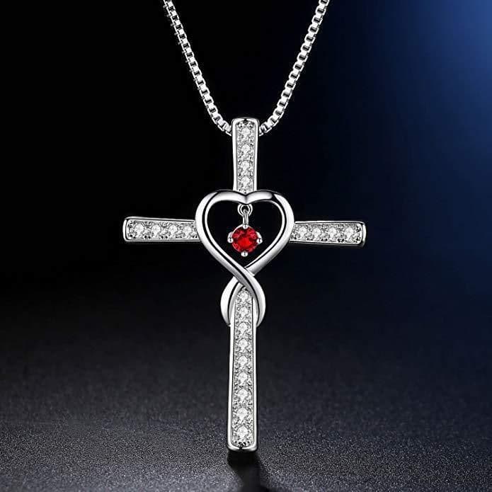 image-Infinity Love God We Trust Christian Cross Birthstone Crystal Pendant Necklace Colour Gems Zircon Heart Necklace Women Jewelry