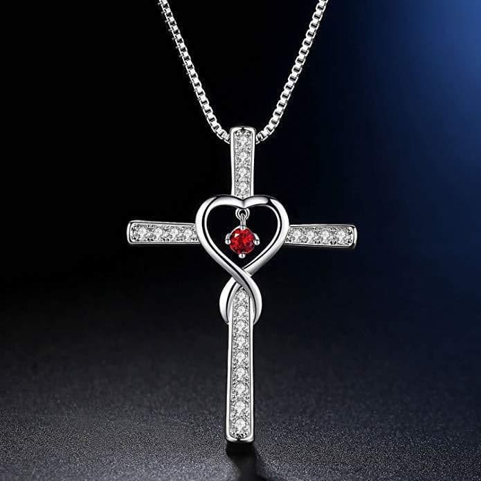 image-Infinity Love God We Trust Christian Cross Birthstone Crystal Pendant Necklace Colour Gems Zircon Heart Necklace Women Jewelry