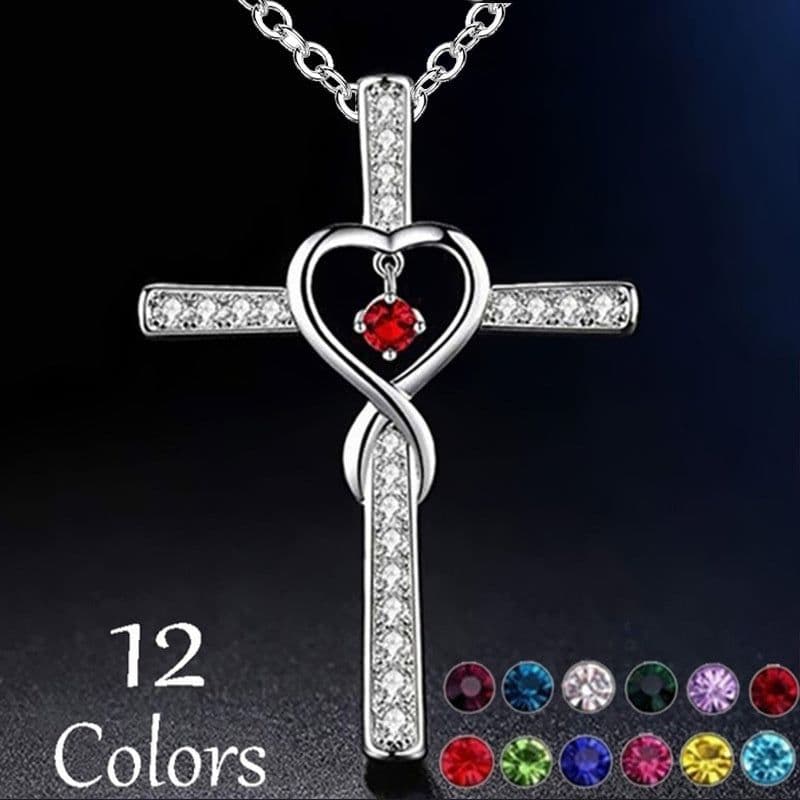 image-Infinity Love God We Trust Christian Cross Birthstone Crystal Pendant Necklace Colour Gems Zircon Heart Necklace Women Jewelry