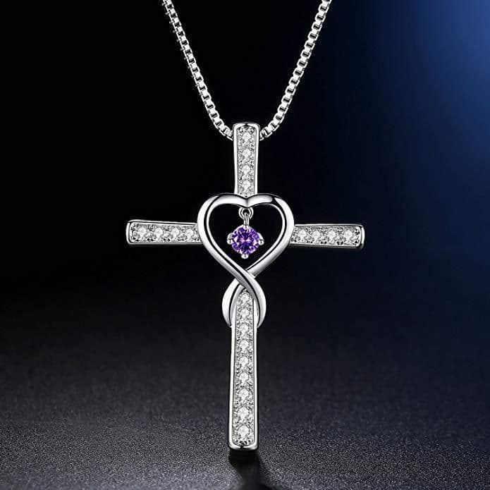 image-Infinity Love God We Trust Christian Cross Birthstone Crystal Pendant Necklace Colour Gems Zircon Heart Necklace Women Jewelry