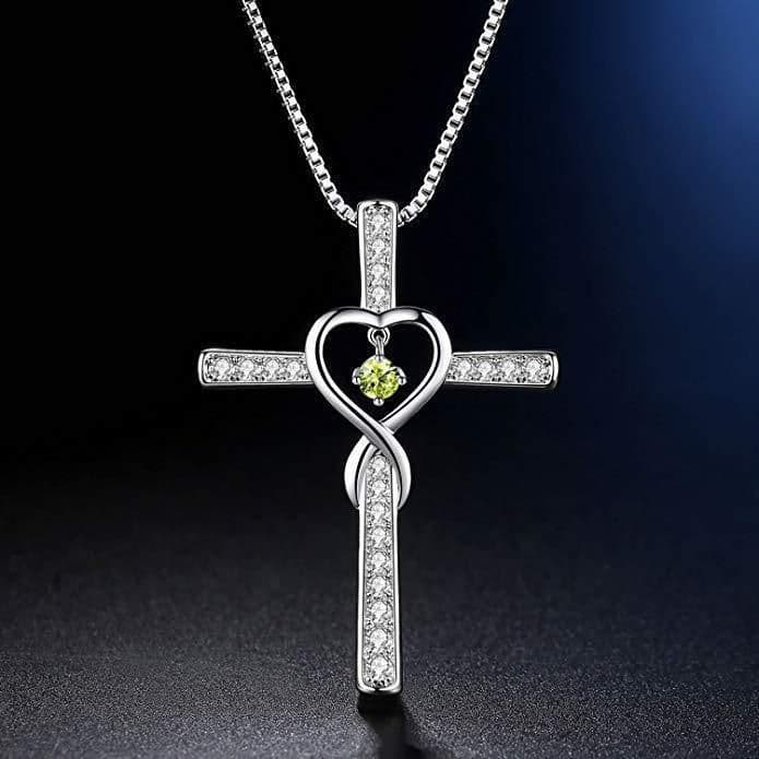 image-Infinity Love God We Trust Christian Cross Birthstone Crystal Pendant Necklace Colour Gems Zircon Heart Necklace Women Jewelry