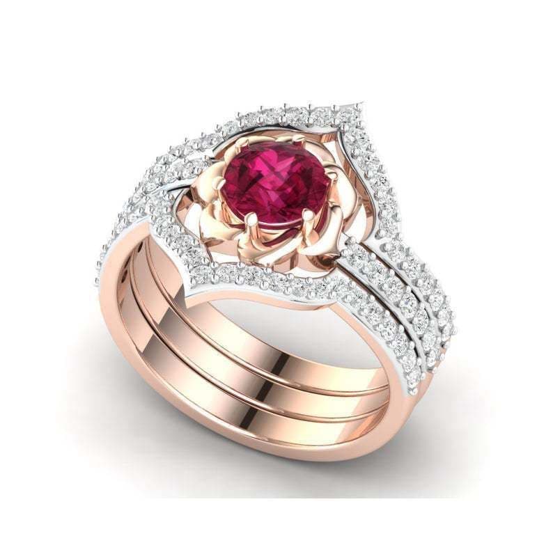 image-Exquisite Rose Gold Flower Ring Anniversary Proposal Jewelry Women Engagement Wedding Band Ring Set