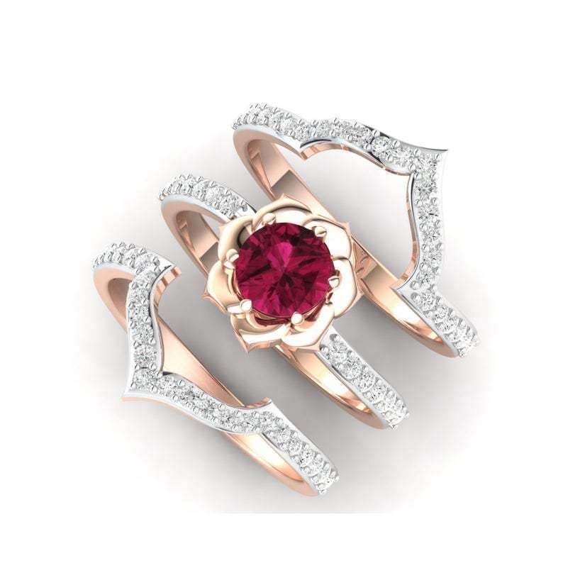 image-Exquisite Rose Gold Flower Ring Anniversary Proposal Jewelry Women Engagement Wedding Band Ring Set