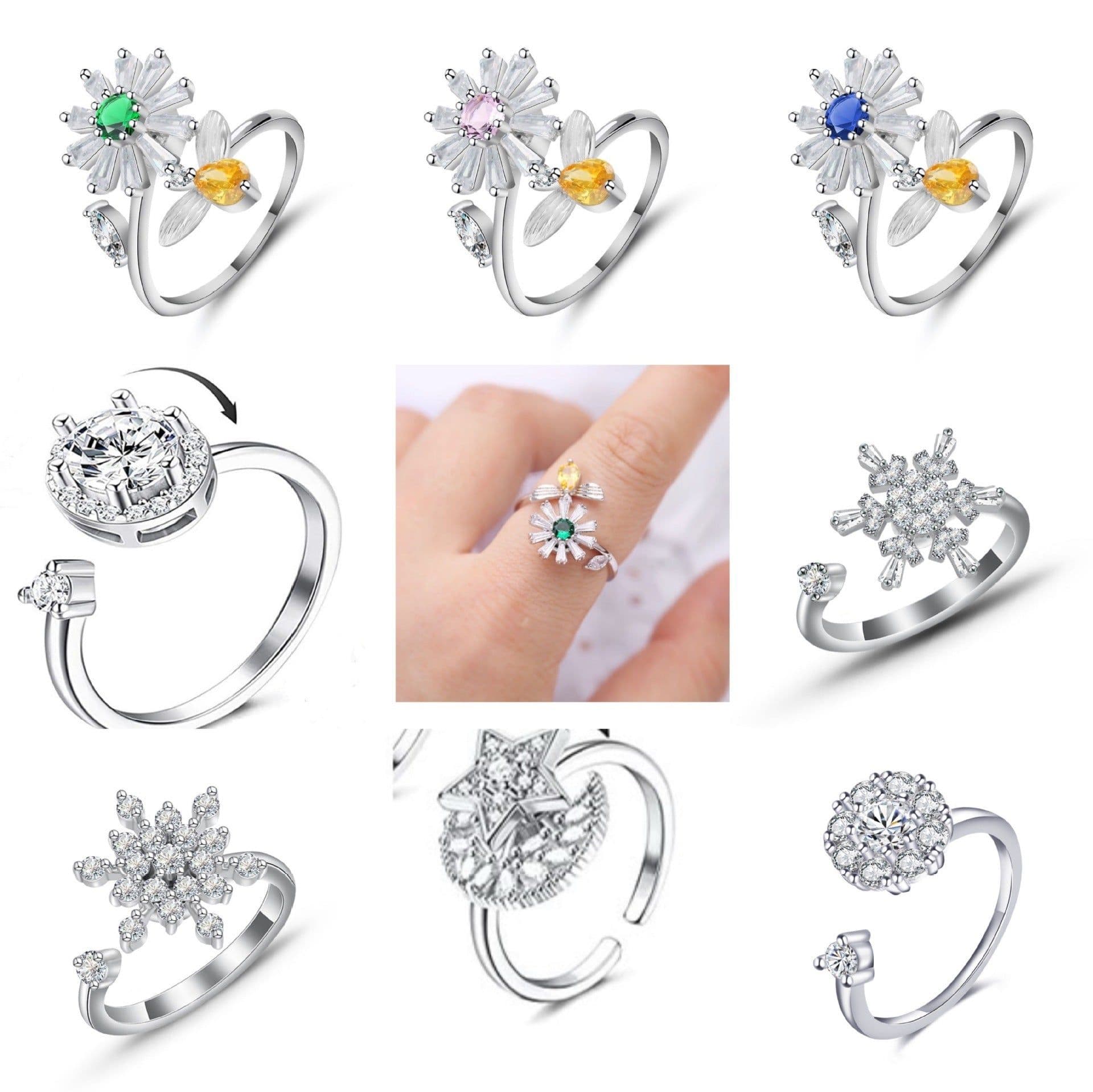 image-Spinner Ring For Women Flower Bee Elegant Adjustable Stress Release Accessory Female Gothic Jewelry Trendy