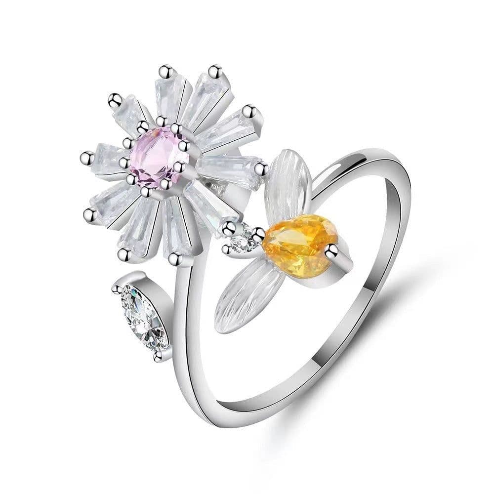 image-Spinner Ring For Women Flower Bee Elegant Adjustable Stress Release Accessory Female Gothic Jewelry Trendy