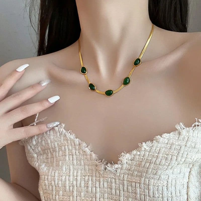 image-Fashion Jewelry Green Stone Crytal Snake Chain Multilayer Necklace For Women Pendant Boho Fashion Jewelry Gift