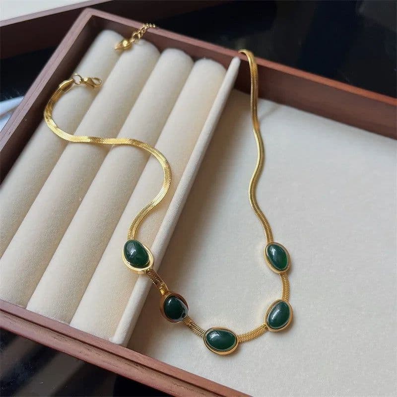 image-Fashion Jewelry Green Stone Crytal Snake Chain Multilayer Necklace For Women Pendant Boho Fashion Jewelry Gift