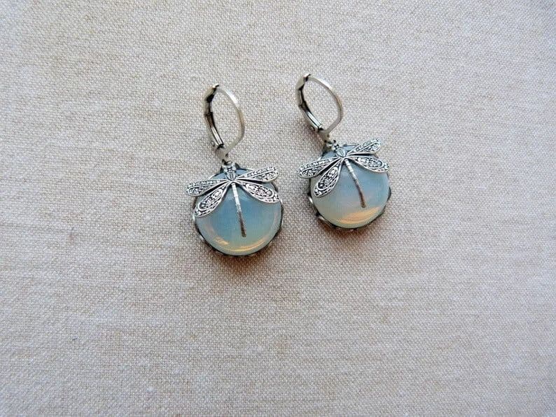image-Fashion Jewelry Women's Earrings Hanging Vintage Dragonfly Pendant Earring Boho Chakra Blue Moonstone Drop Earrings For Women Wedding Charm Ethnic Jewellery