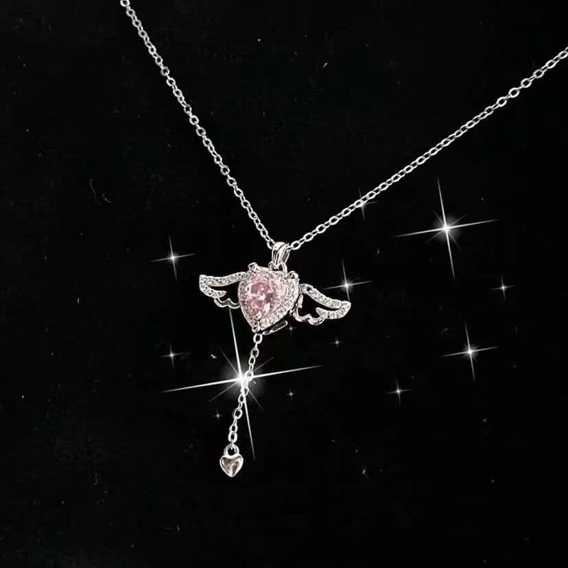 image-Moving Cupid Heart Angel Wings Tassel Necklace With Crystal Clavicle Chain Women Jewelry Gift Valentine's Day