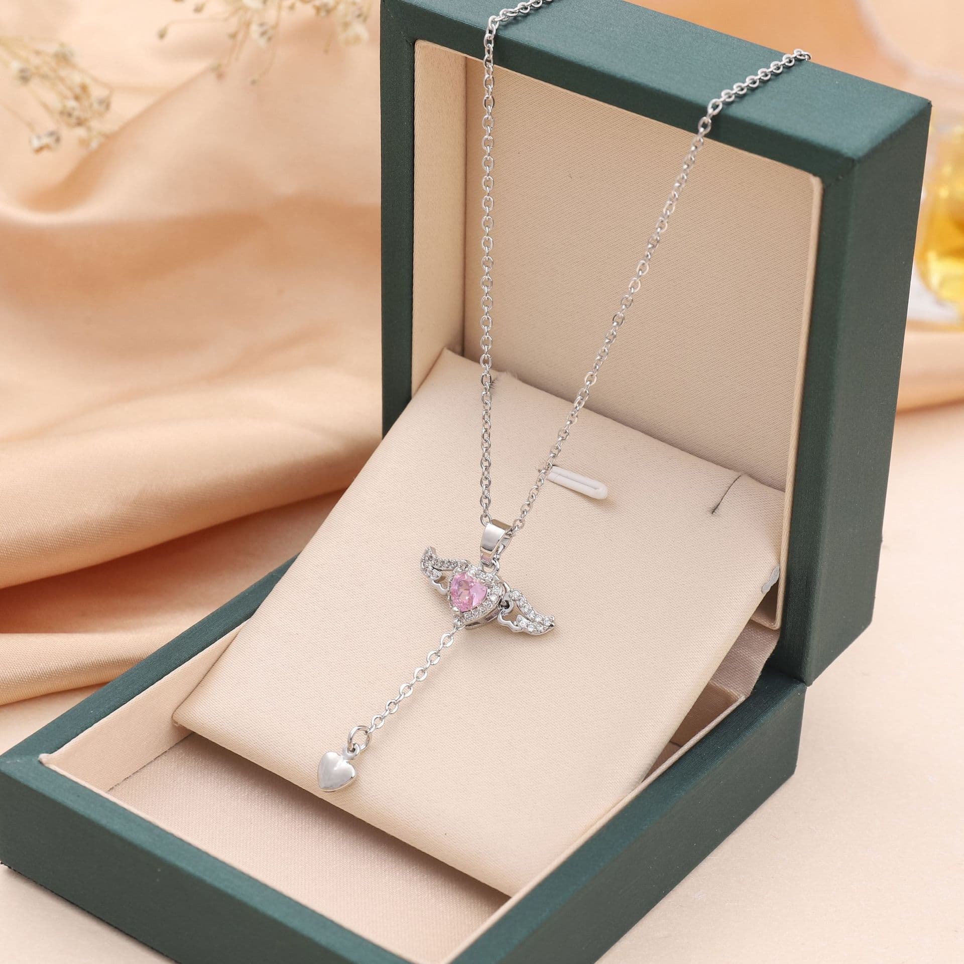 image-Moving Cupid Heart Angel Wings Tassel Necklace With Crystal Clavicle Chain Women Jewelry Gift Valentine's Day