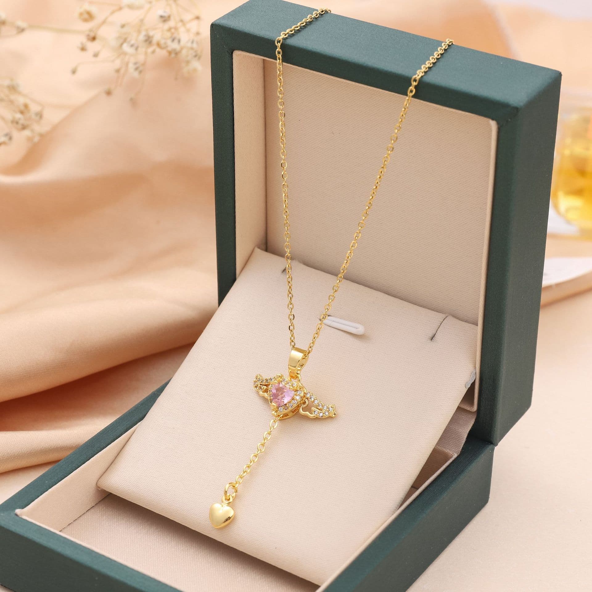 image-Moving Cupid Heart Angel Wings Tassel Necklace With Crystal Clavicle Chain Women Jewelry Gift Valentine's Day