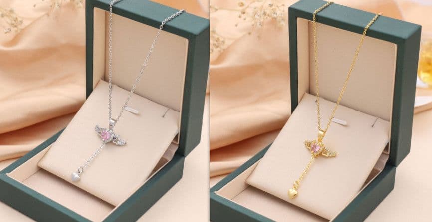 image-Moving Cupid Heart Angel Wings Tassel Necklace With Crystal Clavicle Chain Women Jewelry Gift Valentine's Day