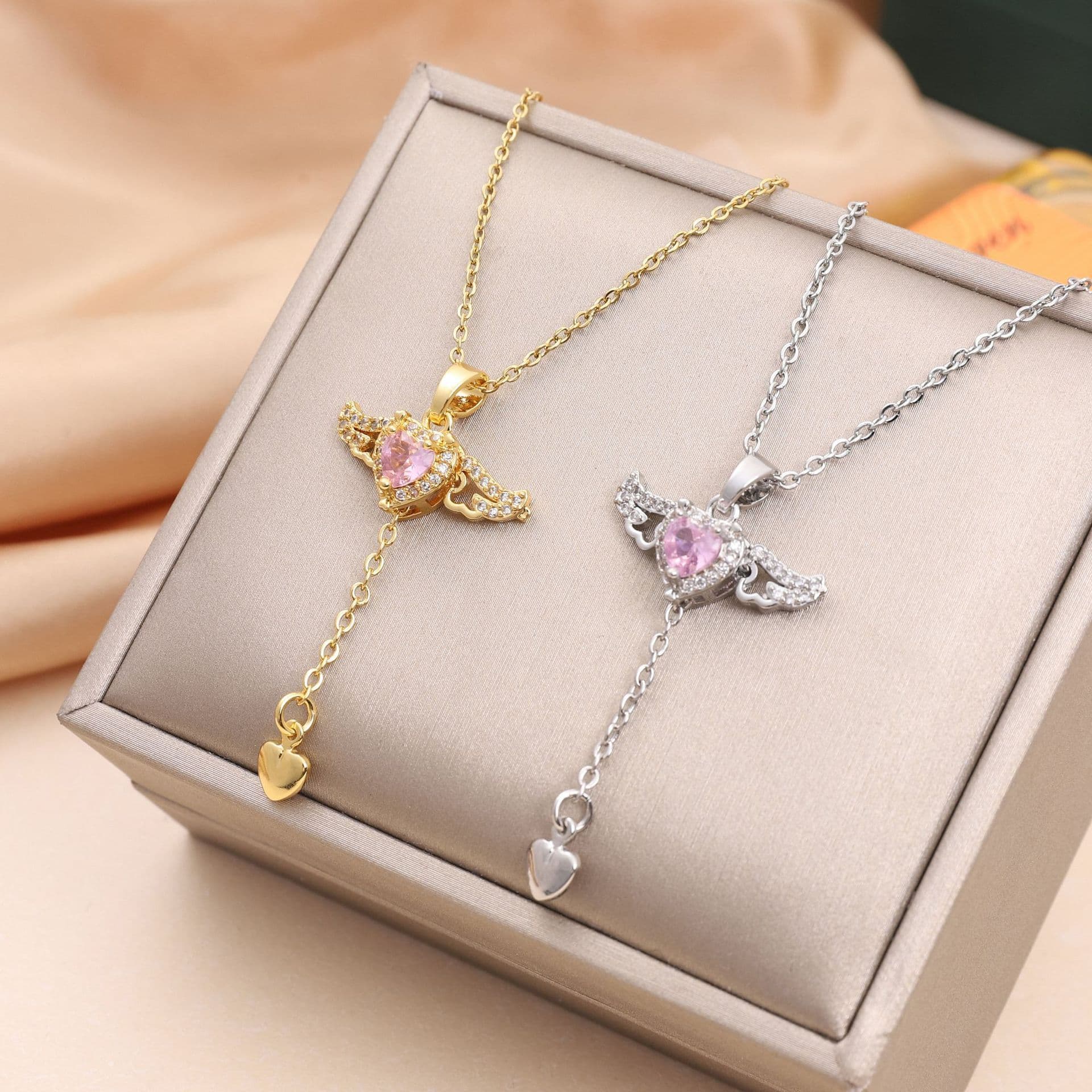 image-Moving Cupid Heart Angel Wings Tassel Necklace With Crystal Clavicle Chain Women Jewelry Gift Valentine's Day