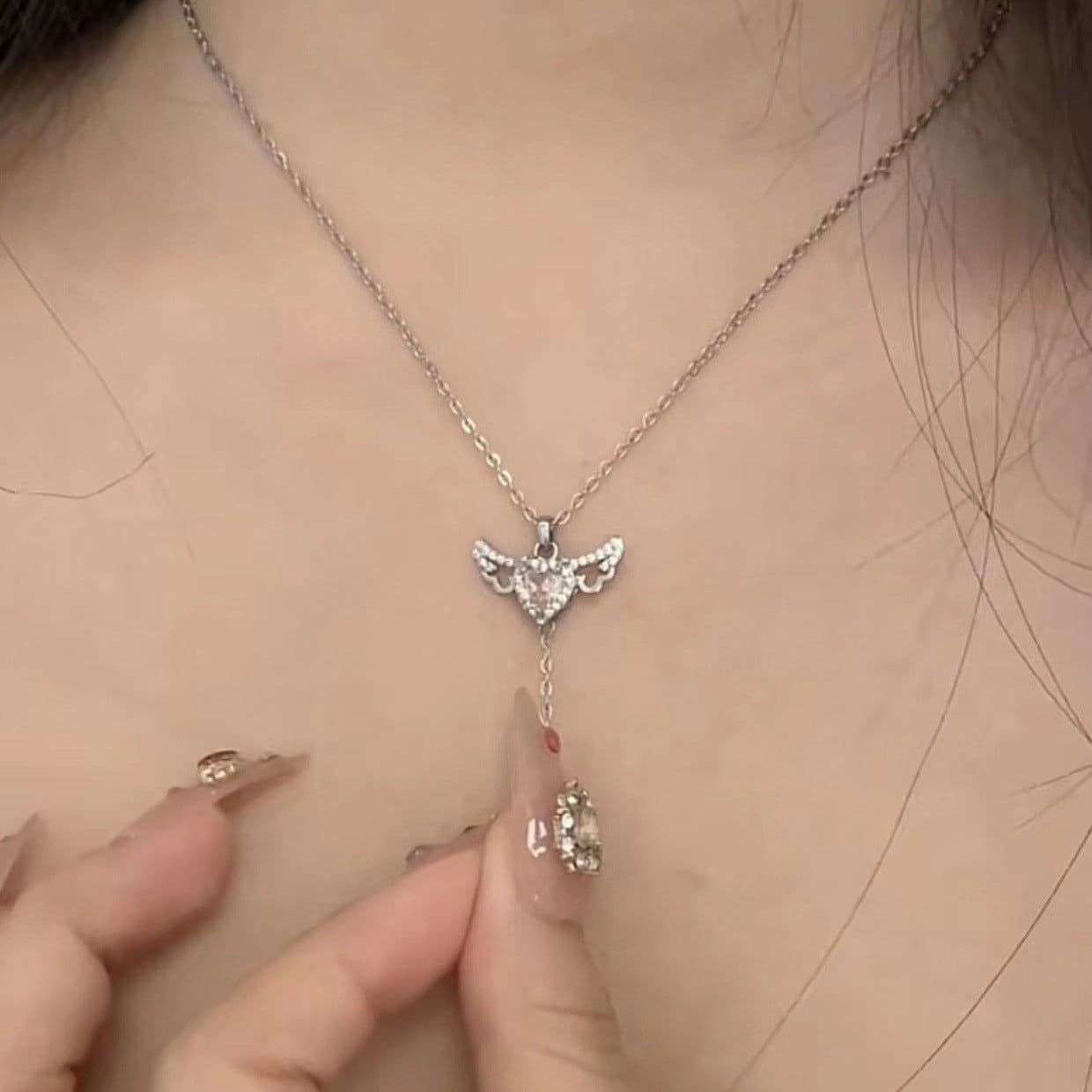 image-Moving Cupid Heart Angel Wings Tassel Necklace With Crystal Clavicle Chain Women Jewelry Gift Valentine's Day