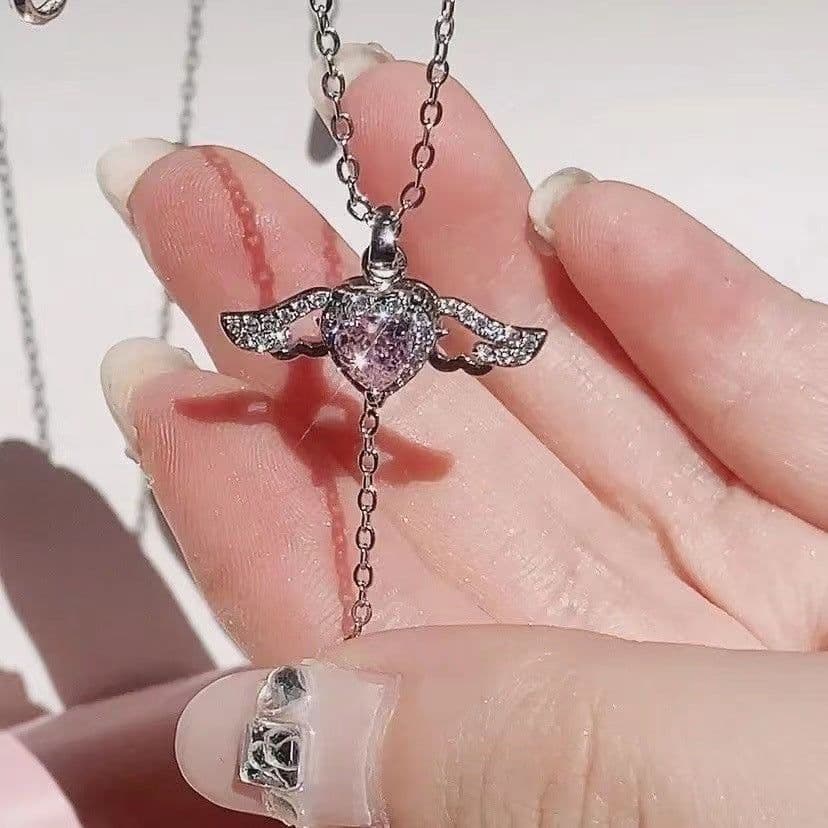 image-Moving Cupid Heart Angel Wings Tassel Necklace With Crystal Clavicle Chain Women Jewelry Gift Valentine's Day