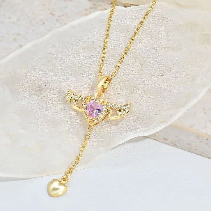 image-Moving Cupid Heart Angel Wings Tassel Necklace With Crystal Clavicle Chain Women Jewelry Gift Valentine's Day