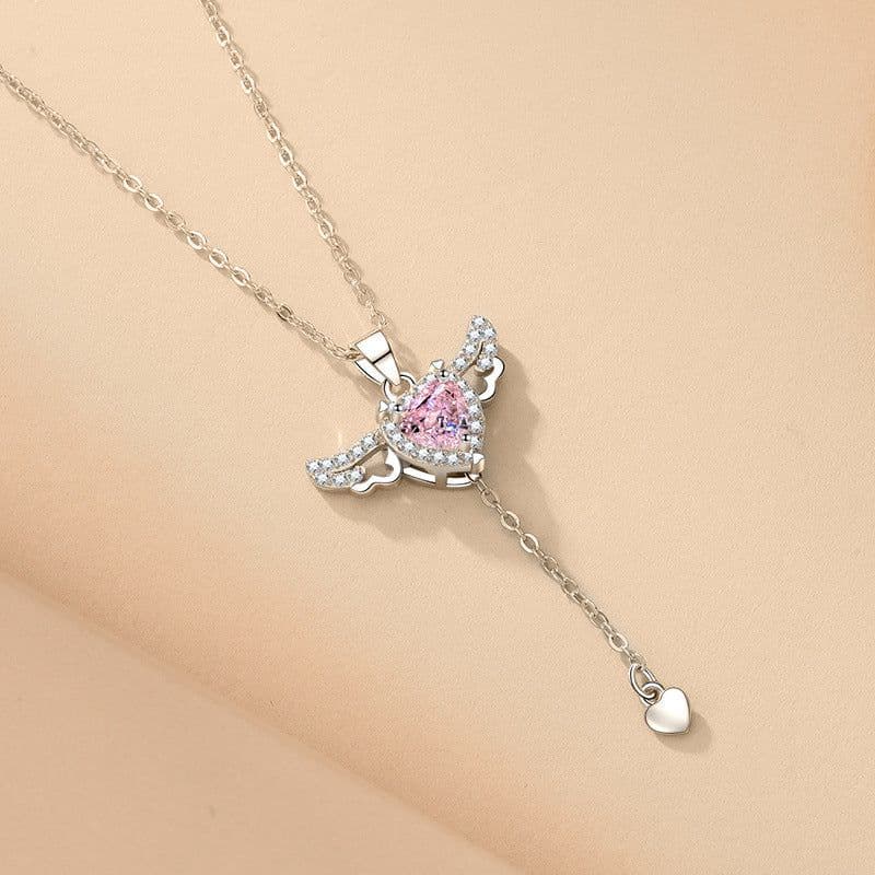 image-Moving Cupid Heart Angel Wings Tassel Necklace With Crystal Clavicle Chain Women Jewelry Gift Valentine's Day