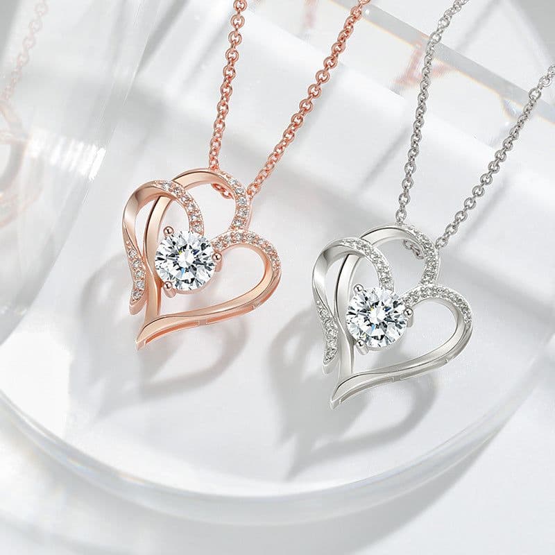 image-Zircon Double Love Necklace With Rhinestones Ins Personalized Heart-shaped Necklace Clavicle Chain Jewelry For Women Valentine's Day