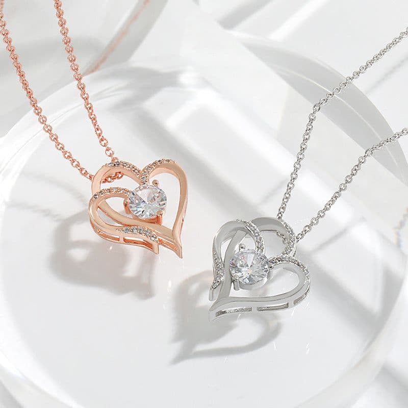 image-Zircon Double Love Necklace With Rhinestones Ins Personalized Heart-shaped Necklace Clavicle Chain Jewelry For Women Valentine's Day