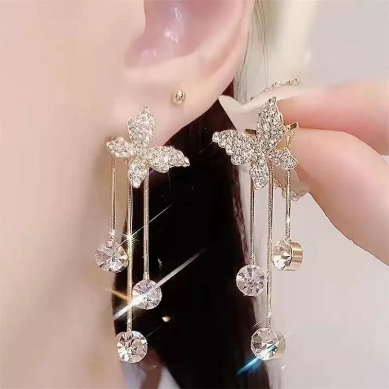 image-Fashion Jewelry Shiny Butterfly Rhinestone Drop Dangle Earrings Women Elegant Long Pearl Tassel Chain Pendant Party Jewelry