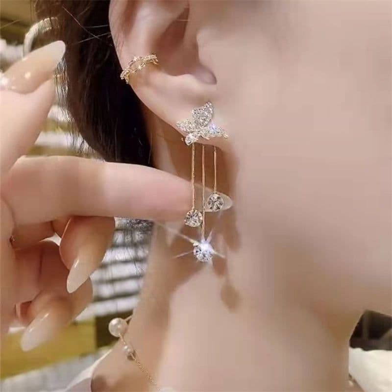 image-Fashion Jewelry Shiny Butterfly Rhinestone Drop Dangle Earrings Women Elegant Long Pearl Tassel Chain Pendant Party Jewelry
